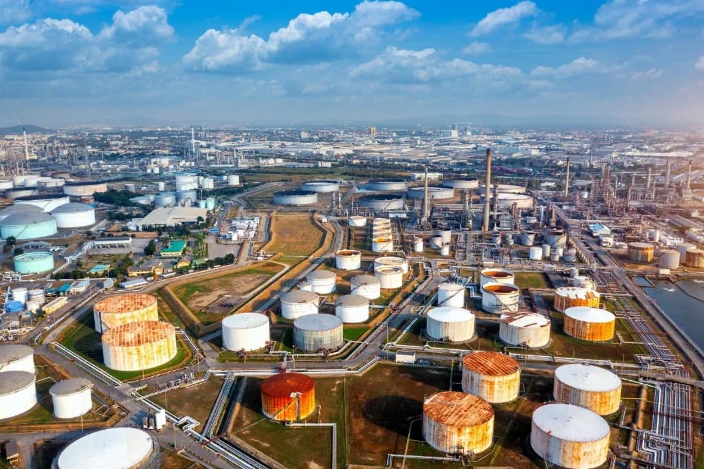 Aerial view of heavy industrial tanks, pipelines, and processing plant — representative of Tanjung Langsat heavy industry