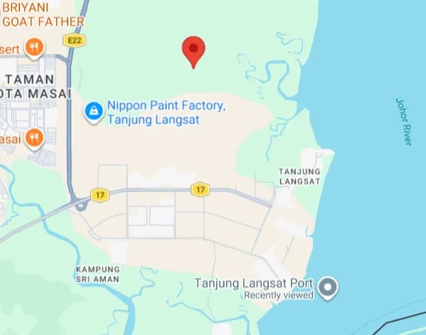 Map of Tanjung Langsat area showing Alpha Austin Industrial Park site relative to port and major roads — tap to open in Google Maps