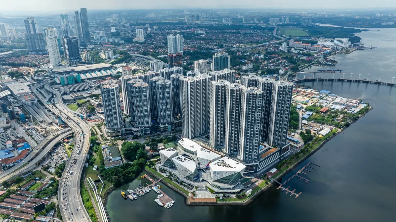 Aerial view of R&F Princess Cove Phase 3 and the surrounding waterfront