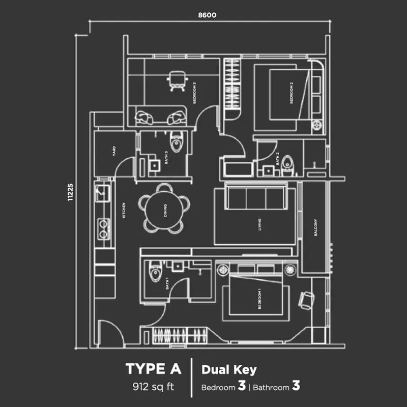 Type A 3 bedroom, 3 bath dual-key floor plan