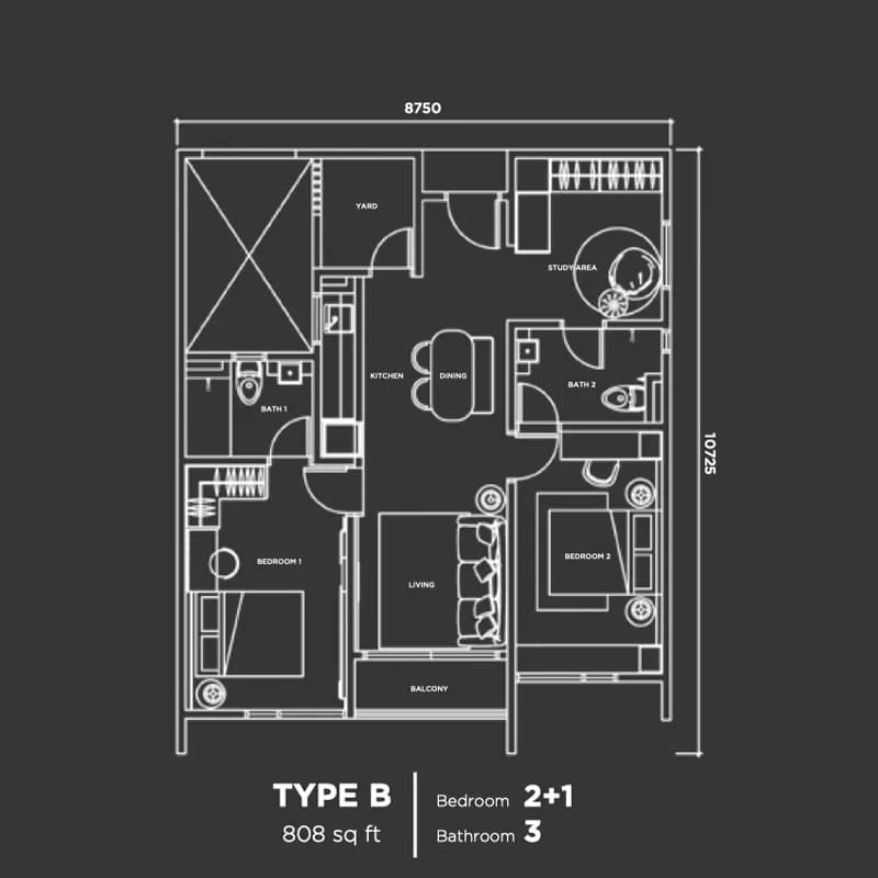 Type B 2+1 bedroom, 2 bath floor plan