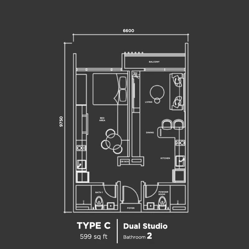 Type C Dual-key studio + 2 bath floor plan